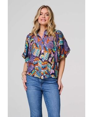 Izabel London Abstract Puff 1/2 Sleeve Shirt - Blue