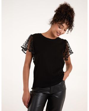 Blue Vanilla Polka Dot Mesh Sleeve T-Shirt - Black