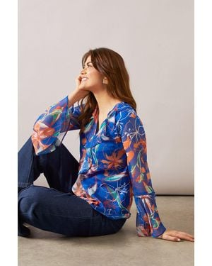 Wallis Floral Lace Trim Ruffle Blouse - Blue