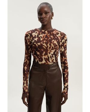 Karen Millen Long Sleeve Leopard Print Mesh Bodysuit - Brown