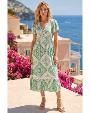 Roman Lace Detail V-Neck Midi Dress - Blue