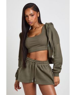 Boohoo Petite Deep Hem 3 Piece Crop Zip Through Short Tracksuit - Green