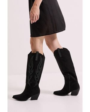 Faith Remi Faux Suede Knee High Western Cowboy Boots - Black