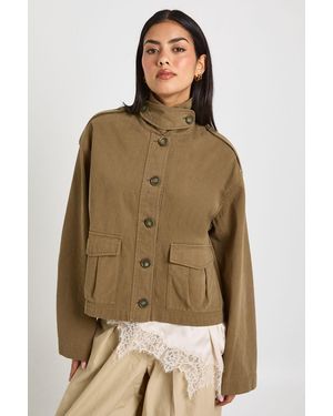 Boohoo Funnel Neck Twill Utility Shacket - Brown