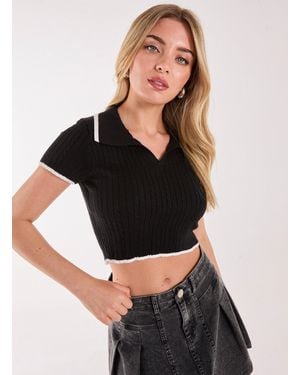 Pink Vanilla Knit Collared Contrast Top - Black
