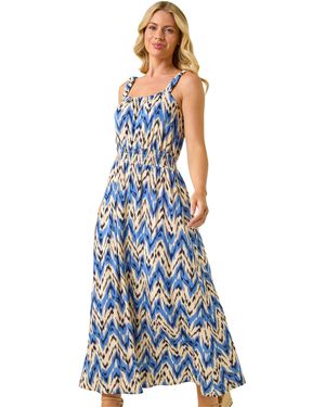 Roman Petite Abstract Shirred Waist Midi Dress - Blue