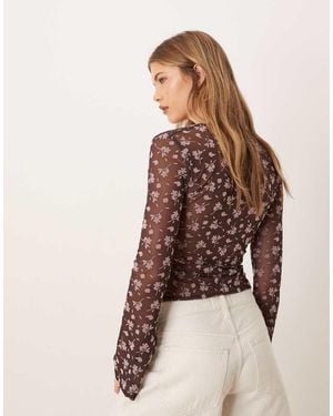 ASOS Floral Flocked Sheer Tie Front Top - Brown