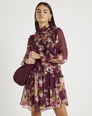 River Island Mini Dress Chiffon Floral Long Sleeve - Red