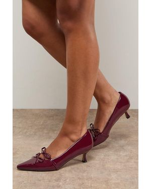 Oasis Rita Faux Patent Leather Double Bow Mary Jane Kitten Heel Court Shoes - Brown
