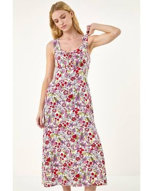 Roman Floral Empire Waist Stretch Midi Dress - Red