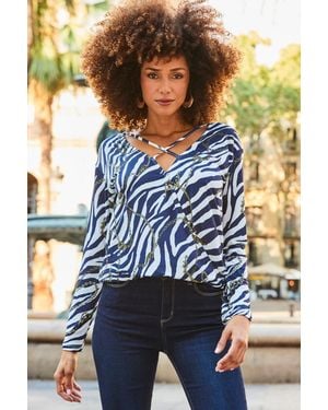 Sosandar Animal & Chain Print Cross Front Jersey Wrap Top - Blue