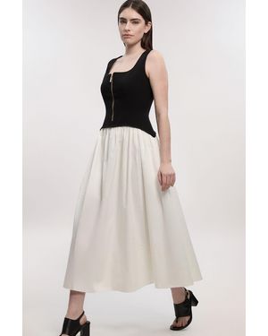 Karen Millen Petite Compact Stretch Cotton Mix Tailored Full Skirted Midi Dress - Natural