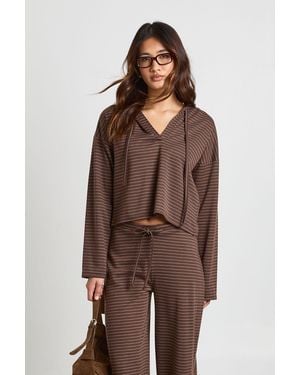 Boohoo Stripe Loose Fit Top With Hood - Brown