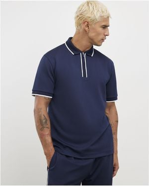 River Island Polo Shirt Slim Fit Textured Zip Tipped - Blue