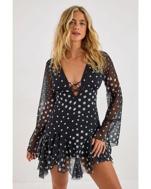 Nasty Gal Polka Dot Godet Hem Fluted Sleeve Mini Dress - Black