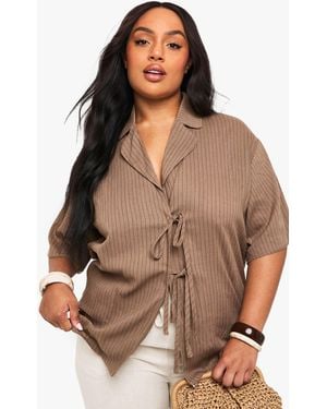 Boohoo Plus Linen Stripe Tie Front Shirt - Brown