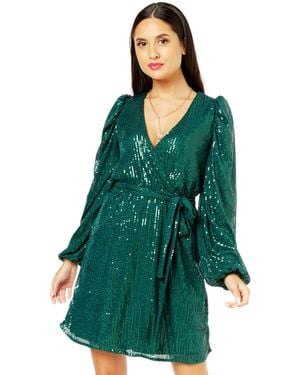 Gini London Bottle Sequin V Neck Belted Mini Dress - Green