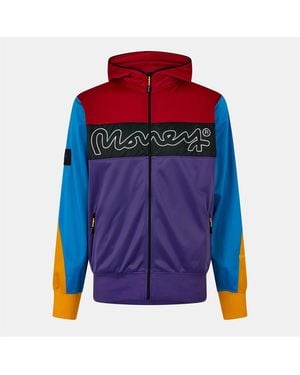 Money Hooded Neck Zipped Pocket Embroidered Bomber Jacket - Purple