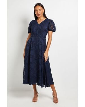 PRINCIPLES Floral Jacquard Puff Sleeve Midi Dress - Blue
