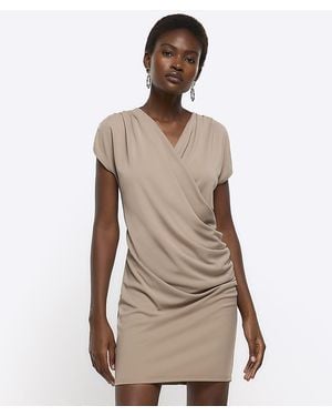 River Island Brown Drape Wrap Bodycon Mini Dress - Natural