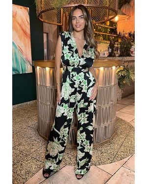 AX Paris Multi Floral Print V Neck Sleeveless Jumpsuit - Brown