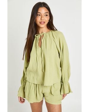 Boohoo Cheesecloth Milkmaid Blouse And Short Co-Ord - Green
