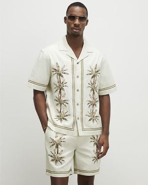 River Island Shirt Cream Palm Tree Embroidered Short Sleeve - Natural