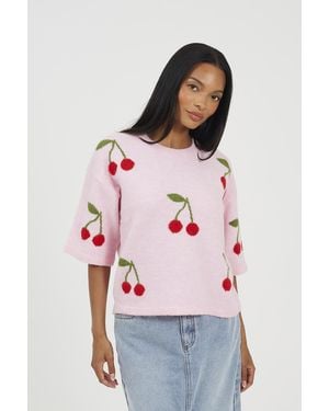 Brave Soul Short Sleeve Cherry Jacquard Knit Jumper - Pink