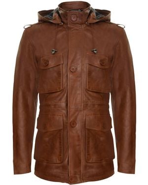 Infinity Leather Hooded Trench Multi-Pocket Overcoat Jacket - Brown