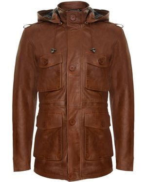 Infinity Leather Hooded Trench Multi-Pocket Overcoat Jacket - Brown
