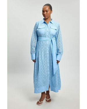 Karen Millen Plus Size Cotton Broderie Belted Shirt Dress - Blue