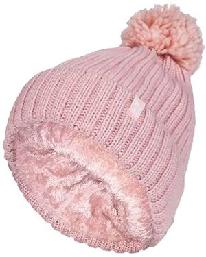 Heat Holders Ladies Ribbed Cuffed Thermal Insulated Winter Pom Pom Bobble Hat - Pink