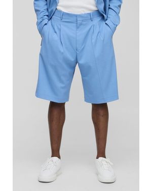 BoohooMAN Pleated Fixed Waistband Tailored Jorts - Blue