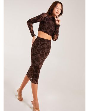Pink Vanilla Flocked Floral Midi Skirt - Brown