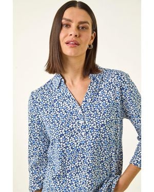 Roman Heart Print Collared Top - Blue
