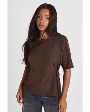 Boohoo Woven Marl Bow Detail Cinch Waist Top - Brown