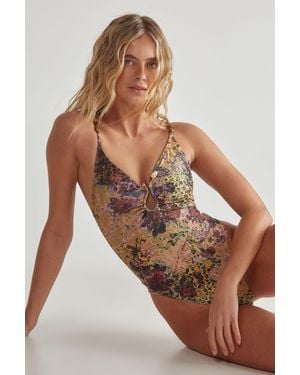 Nasty Gal Floral Animal Abstract Ring Beaded Swimsuit - Brown
