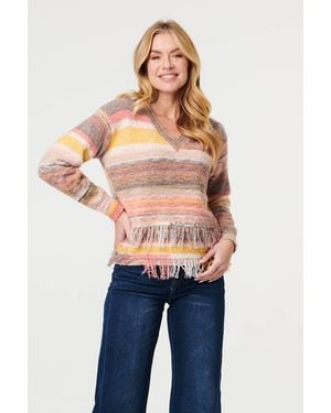 Izabel London Striped Texture Tassel Hem Crop Jumper - Blue