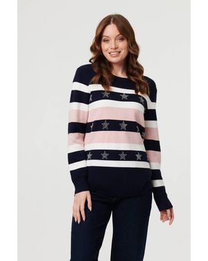 Izabel London Sparkly Star Embellished Stripe Jumper - Blue