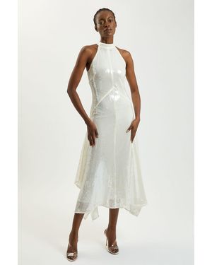 Karen Millen Petite Sequin Halter Neck Hanky Hem Maxi Dress - White