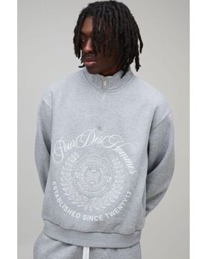 BoohooMAN Oversized Boxy Collegiate Varsity Funnel Neck Quarter Zip Sweatshirt - Grey
