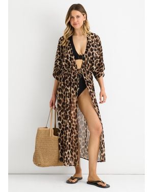 Gini London Animal Print Flowy Open Front Beach Cover Kimono - Natural