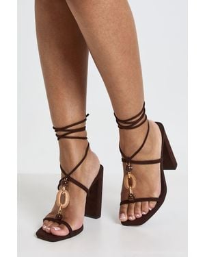 Boohoo Faux Suede Bead Detail Strappy High Block Heels - Brown