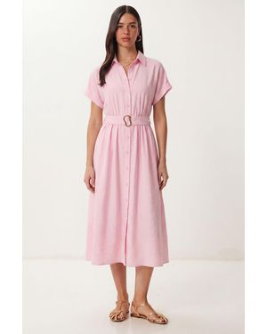 Happiness İstanbul Belted Poplin Shirt Midi Dress - Pink