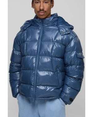 BoohooMAN Regular Fit High Shine Quilted Hooded Puffer Jacket - Blue