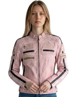Infinity Leather Biker Racing Badges Jacket-Incheon - Pink