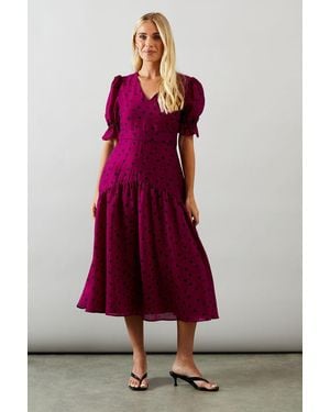 Wallis Petite Spot Puff Sleeve Midi Dress - Purple