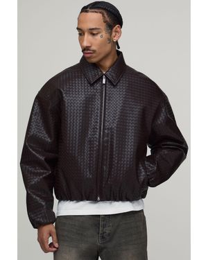 BoohooMAN Boxy Fit Woven Pu Elasticated Hem Harrington Jacket - Black