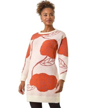 Roman Rose Print Knitted Shift Dress - Red