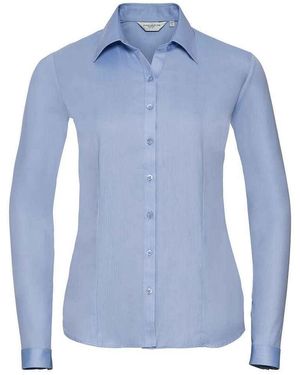Russell Collection /Ladies Herringbone Long-Sleeved Formal Shirt (Light) - Blue